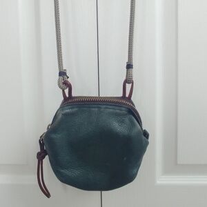 Green Leather Purse with Copper Zipper, Braided Fishing Line Strap, Small bag